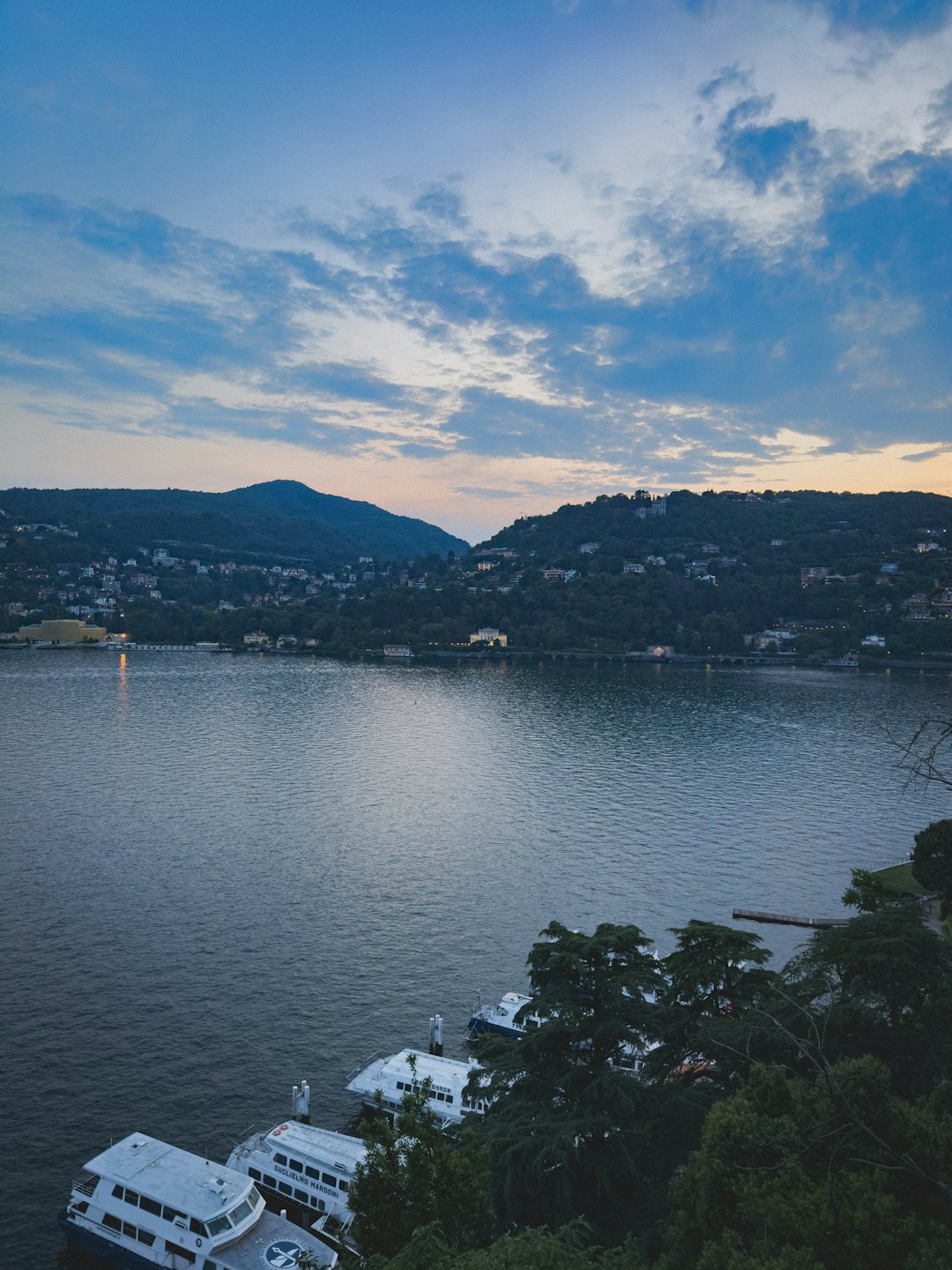 Barche passeggeri bianche ormeggiate su un lago vicino a colline boscose.
